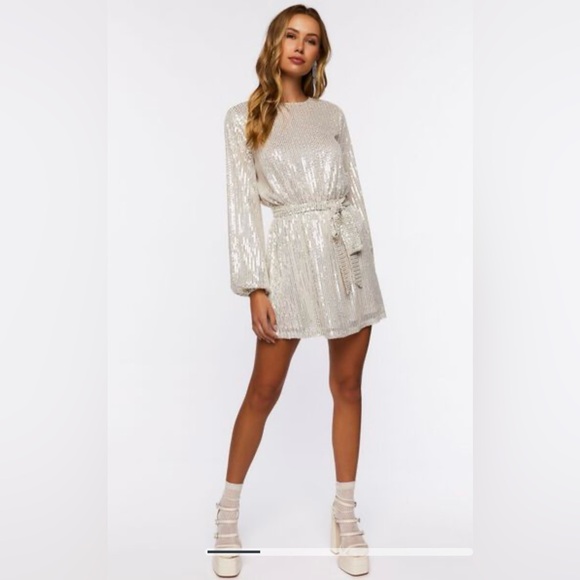 🥂👗✨ Forever21 Sequin Peasant Long-sleeve Mini Dress-S-Champagne-NWT - Picture 1 of 16